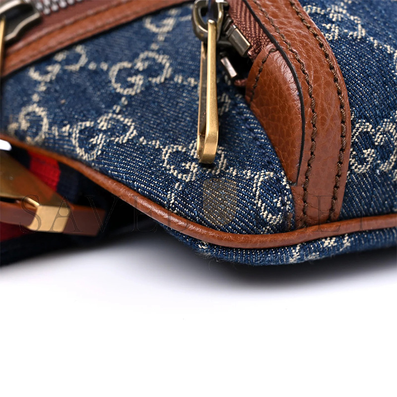 GUCCI DENIM EMBROIDERED PATCHWORK WITH LEATHER TRIM FANNY PACK BLUE 682933 (23*12*2.5cm)